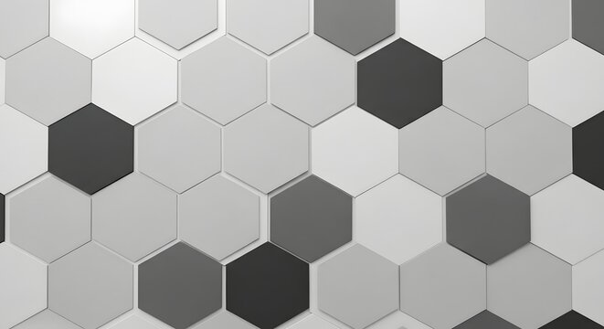 Randomized geometric hexagons forming a seamless pattern in black, white, and gray, great for UI backgrounds or presentation slides.