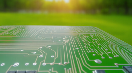 A close-up view of a circuit board highlighting intricate patterns against a blurred natural backdrop, showcasing innovation in technology.