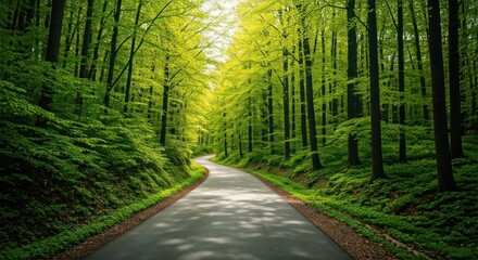 Obraz premium An asphalt road winds through a lush, sunlit forest with vibrant green foliage