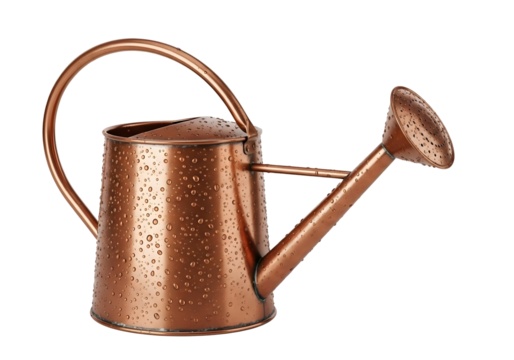 Vintage copper watering can with decorative pattern isolated on transparent background