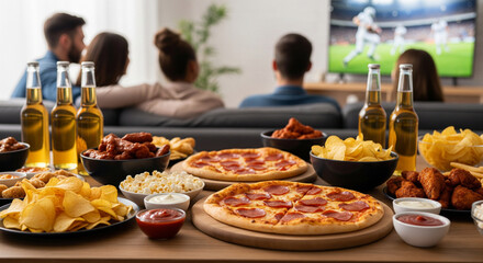 Rear view of friends watching football sport game with party food such as pizza and beer on table © Tomo