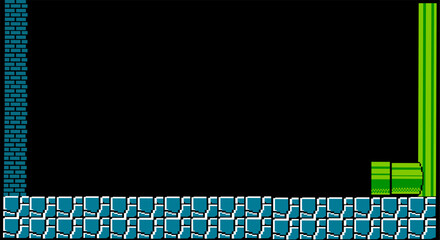 Classic 8-bit game background featuring brick walls, stone ground, and green pipes. Perfect for retro gaming or pixel art designs, reminiscent of the 1980s era. © Yuliantini