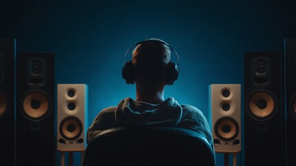 Naklejka premium Immersed in sound, a person wearing headphones sits surrounded by studio monitors in a dimly lit, blue-toned room. A moment of focused listening and audio enjoyment.