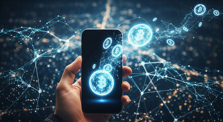 Hand holding smartphone with floating virtual currency against city night view background, image of cryptocurrency trading and blockchain network