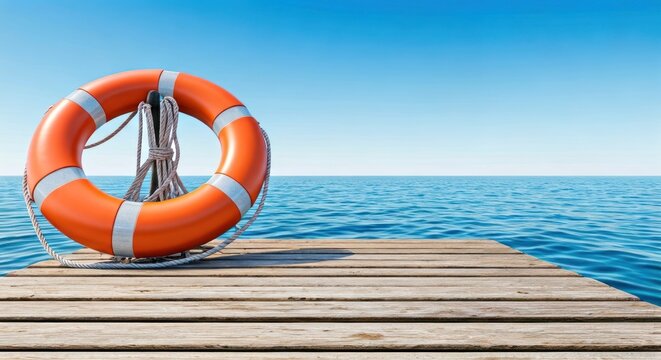 An orange life ring with white stripes hangs on a wooden dock with the blue ocean and sky