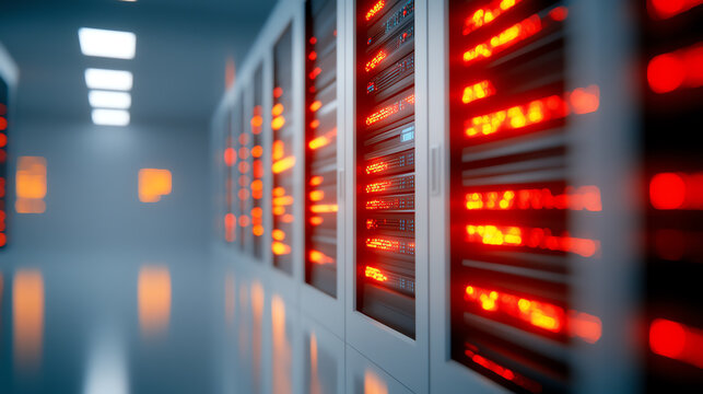 A close-up view of server racks with glowing lights, representing modern data storage and technology infrastructure.