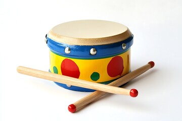 Brightly painted wooden toy drum with drumsticks for children
