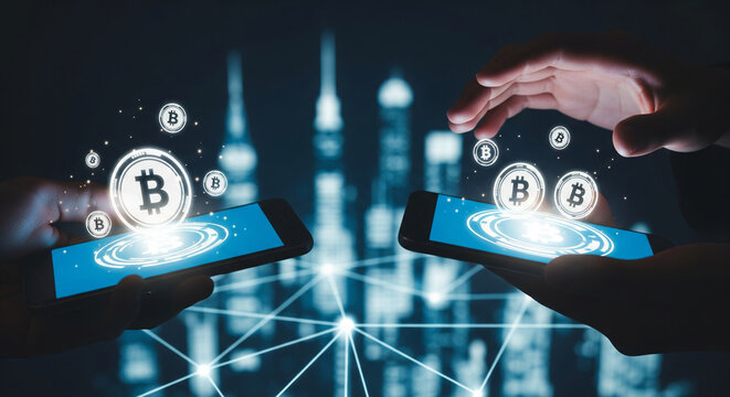 Cryptocurrency transfer concept of sending bitcoin between smartphones and night city background