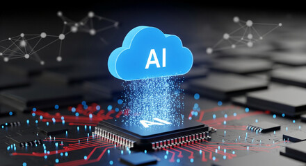 AI cloud computing concept, data transfer from cloud icon to CPU chip