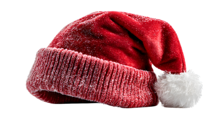 Classic Christmas Santa hat made of velvet fabric with bright red color and snowy white pom isolated on white background