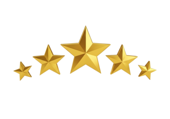 Five golden stars arranged in an arc isolated on transparent background