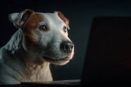 Human-like dog at laptop: a cute nighttime scene. City attraction points. Urban gravity draws life into bustling metropolises. Fast city pace. Urban innovation zones.
