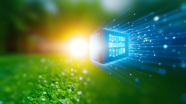 A digital data cube emitting streams of information in a lush green environment, symbolizing the fusion of technology and nature.