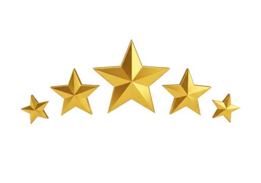 Five golden stars arranged in an arc isolated on transparent background