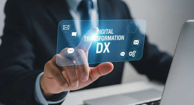 Businessman touching a virtual screen with DX (Digital Transformation), technology and business concept - Powered by Adobe