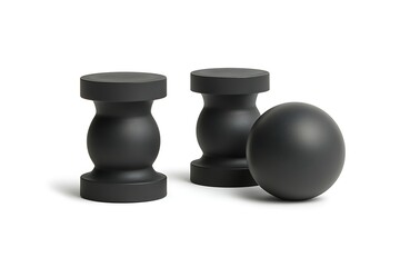 Matte black decorative objects, two pedestals and one sphere