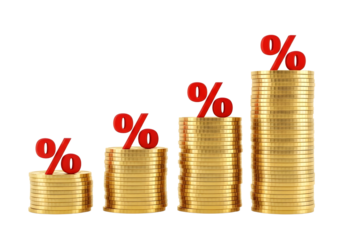 Four stacks of gold coins with red percentage signs isolated on transparent background