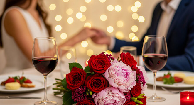 Bouquet of flowers and red wine on a romantic dinner table with a couple holding hands and bokeh lights in the background - Powered by Adobe