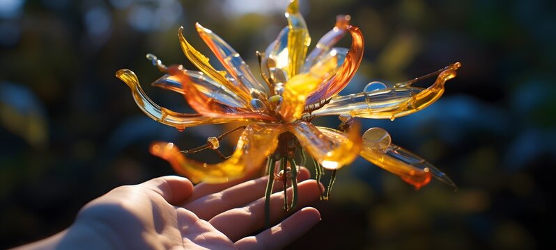 A sun flower , a small creature made of glass that is sitting in the palm of your hand,generative AI - Powered by Adobe