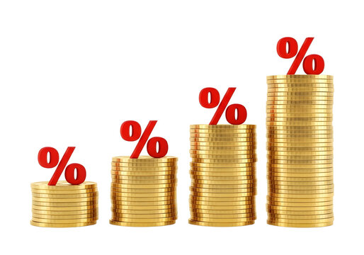 Four stacks of gold coins with red percentage signs isolated on transparent background - Powered by Adobe