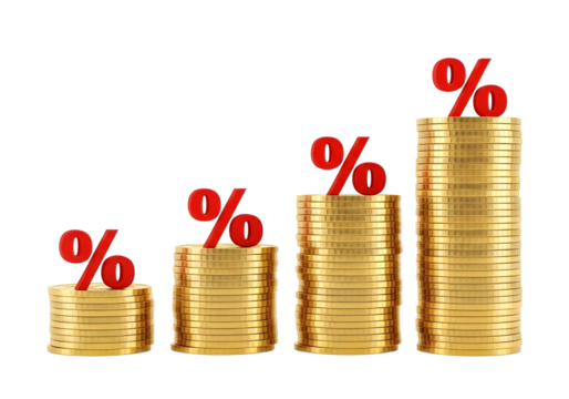 Four stacks of gold coins with red percentage signs isolated on transparent background