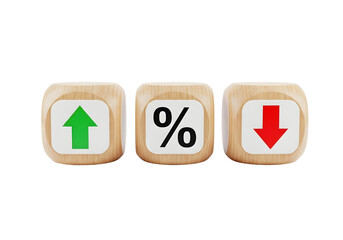 Three wooden blocks with percentage sign and up and down arrows isolated on transparent background
