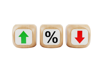 Three wooden blocks with percentage sign and up and down arrows isolated on transparent background