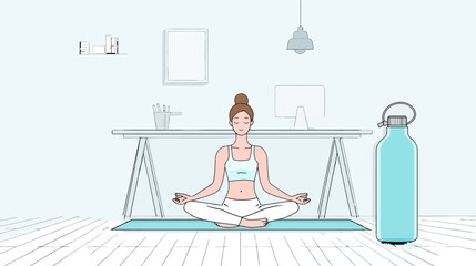 Woman practicing yoga meditation in minimalist home office healthy lifestyle