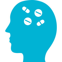 Teal Silhouette Human Head Profile With White Pills Inside Brain Area Indicating Mental Health Or Medication Concept On Transparent Background