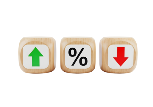 Three wooden blocks with percentage sign and up and down arrows isolated on transparent background