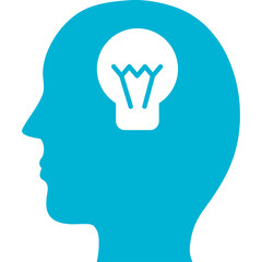 Teal Silhouette of Human Head with Glowing Light Bulb Inside Representing Idea and Innovation on a White Background