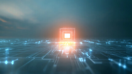 A futuristic digital circuit board glowing with an illuminated processor, symbolizing advanced technology and innovation.