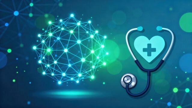 Elevate healthcare with AI technology services. Abstract healthcare concept with a stethoscope and interconnected nodes representing data and technology. - Powered by Adobe