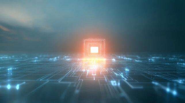 A futuristic digital circuit board glowing with an illuminated processor, symbolizing advanced technology and innovation.