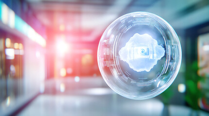 Naklejka premium A futuristic holographic display in a modern corridor, illustrating advanced technology and innovation in design.