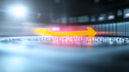 A futuristic interface showcasing dynamic motion with glowing arrows in a tech environment, representing innovation and advancement.