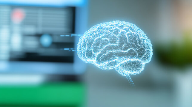 A futuristic holographic brain design representing advanced technology and innovation in cognitive science and artificial intelligence.