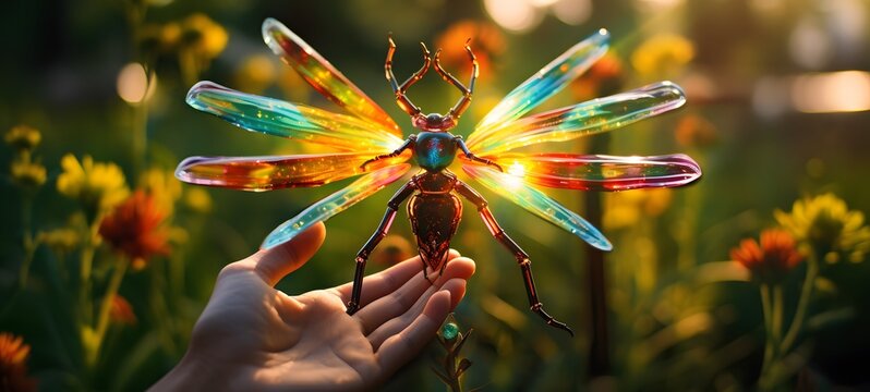 A sun flower , a small creature made of glass that is sitting in the palm of your hand,generative AI - Powered by Adobe