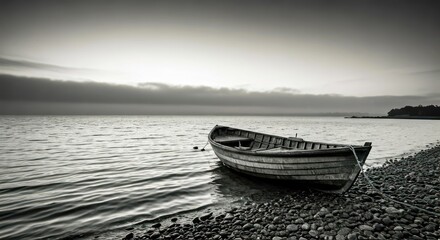 Black and white landscape of a boat beached on a pebble shore, under a cloudy sky