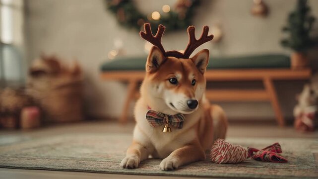 柴犬がトナカイ風カチューシャを着用
