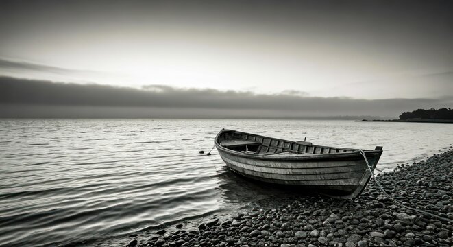 Black and white landscape of a boat beached on a pebble shore, under a cloudy sky - Powered by Adobe