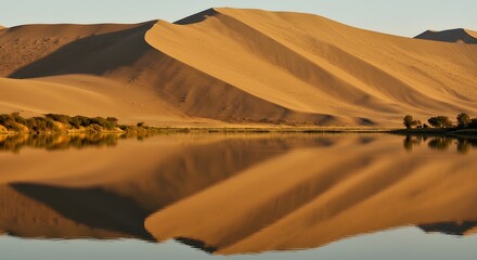 The reflection of dunes in a still oasis lake.
