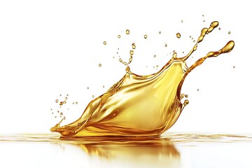 Dynamic golden liquid splash, vibrant droplets, reflective surface.