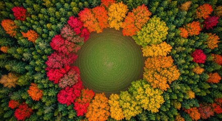 Breathtaking autumn forest canopy view with vibrant red orange and yellow trees