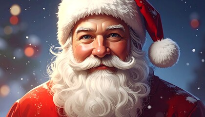 Close-up portrait of Santa Claus with a festive Christmas hat against a blurred, snowy bokeh background