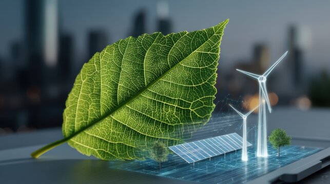 Innovative green energy solutions leaf urban city digital art futuristic elevated viewpoint sustainability concept