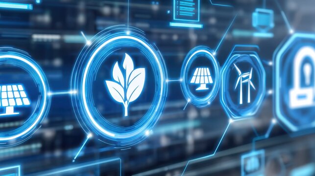 Renewable energy icons representing solar wind and sustainability in a digital environment
