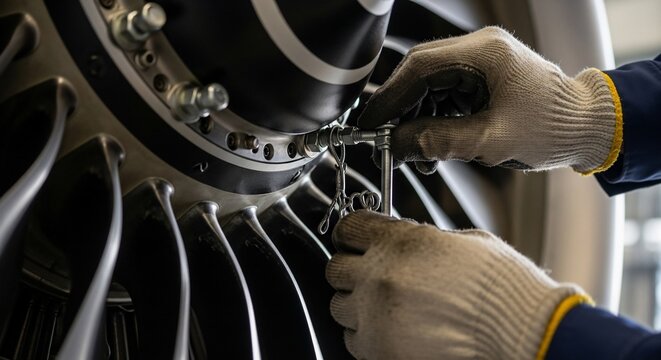 Close-up of gloved hands working on the intricate mechanics of a jet engine, focusing on the maintenance and repair of the turbine. - Powered by Adobe