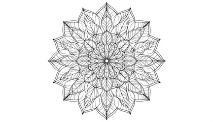 Circular, intricate mandala with repeating leaf-like shapes emanating from center. Black lines on white background