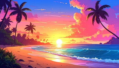 Cartoon tropical beach at sunset, with palm trees, soft waves, and vibrant pink, orange, and blue sky